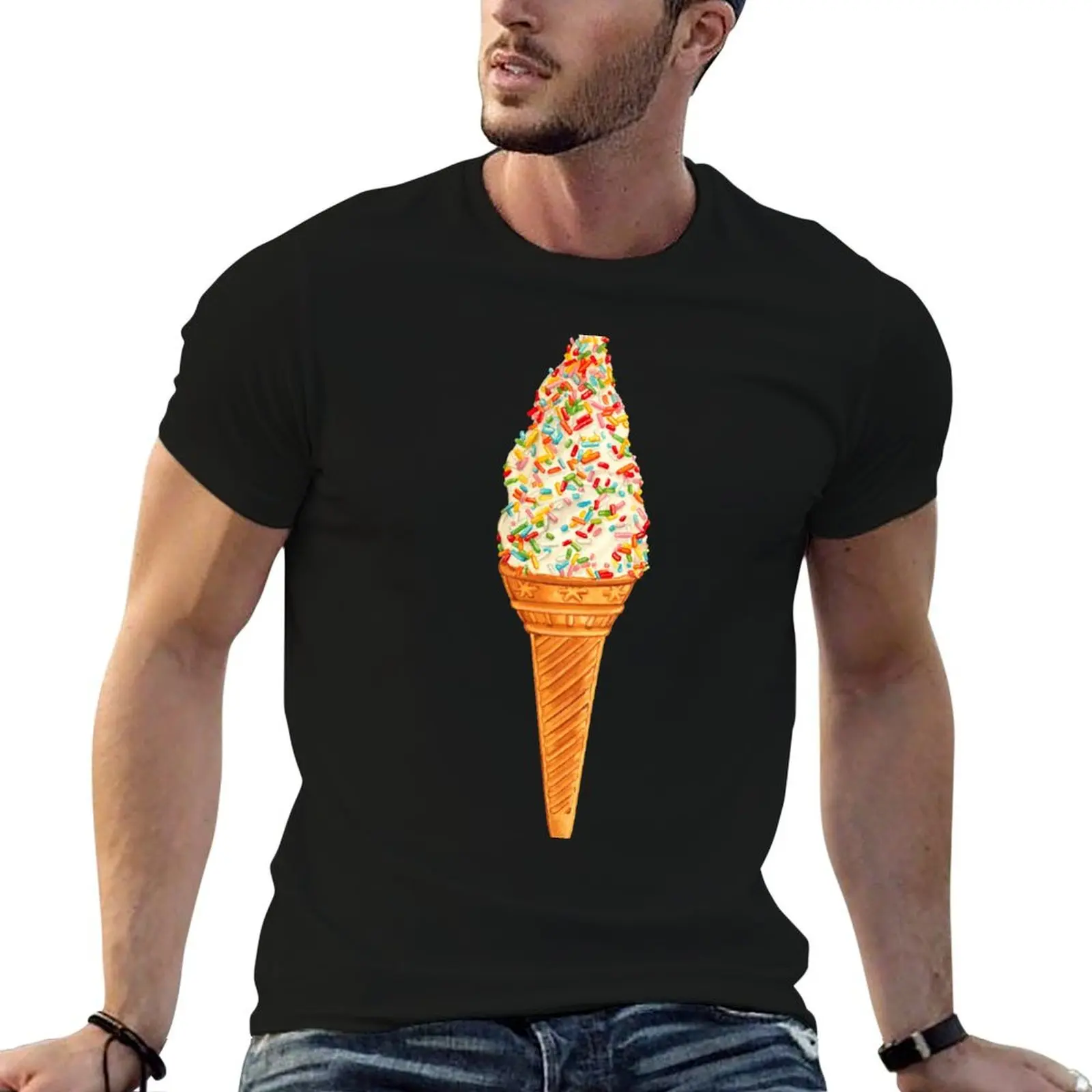 Sprinkle Ice Cream Pattern - Black T-Shirt Casual Holiday Short Sleeve Tee