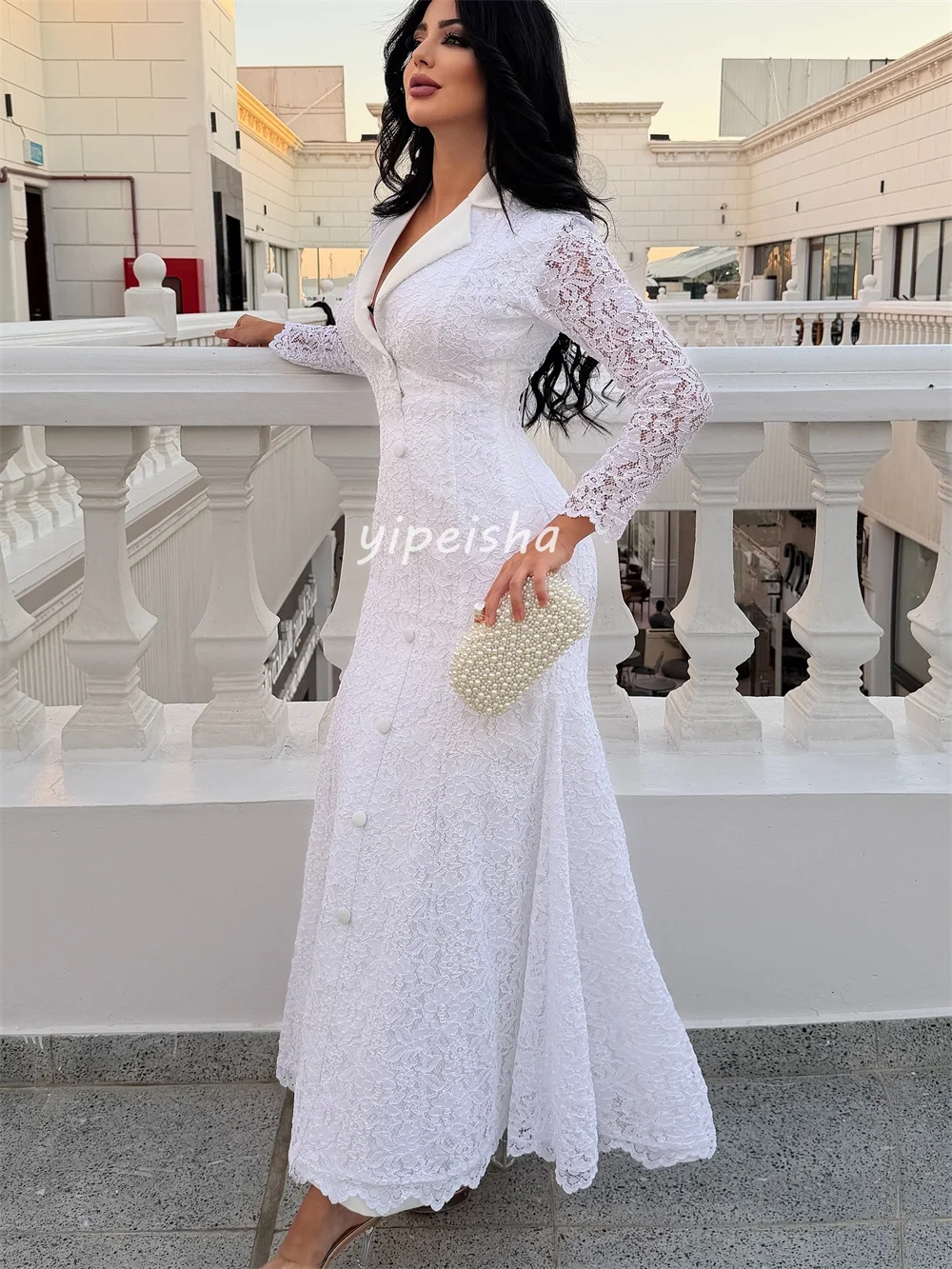 Customized Sexy Matching Lace Pleat Button Mermaid V-neck Midi Dresses Bespoke Occasion Dresses Exquisite Sizes Available Retro