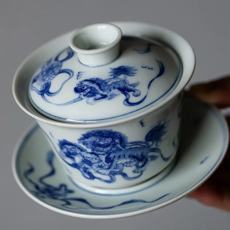 130ML Jingdezhen Antique Doucai Blue and White Underglaze Red Sancai Cover Bowl Tea Bowl Household Not Hot Ceramic KungFu TeaSet