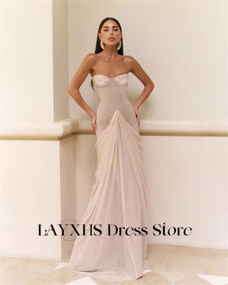 LAYXHS فساتين سهرة بسيطة على شكل قلب وردي حورية البحر بدون أكمام بطول الأرض مطوي فساتين لحضور الحفلات الموسيقية مخصصة Fساتين Shicher