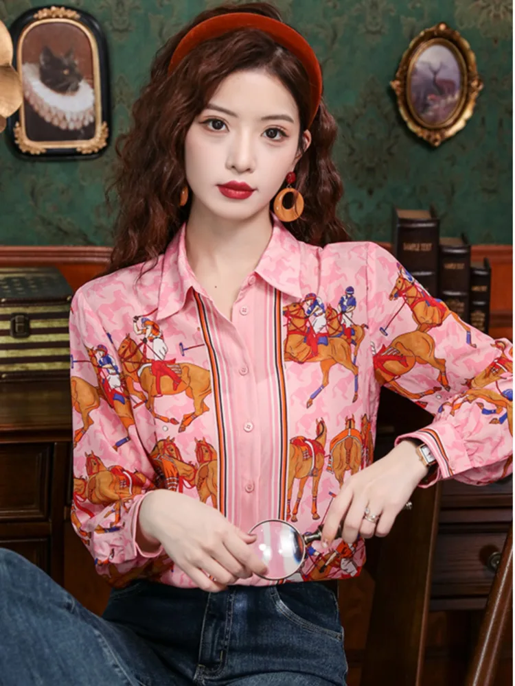 #3134 Spring Pink Printed Satin Shirt Women Turn-down Collar Office France Style Vintage Womens Tops And Blouses Slim Fit