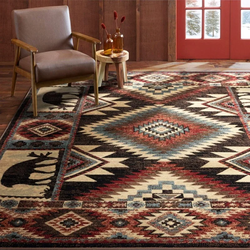 Ländlicher Teppich im ethnischen Stil, Vintage-Stil, böhmisches Braunbär-Muster, großer Teppich, Raumdekoration, Fußmatte
