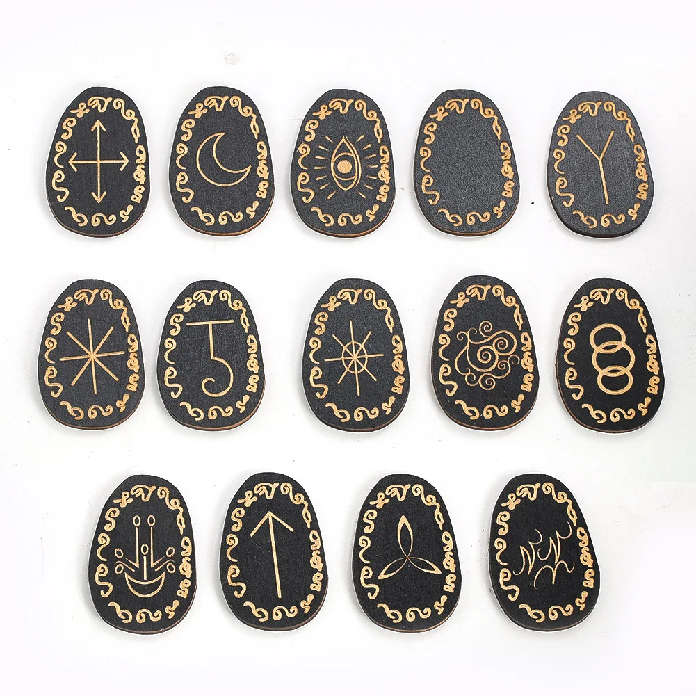 14PCS Lune Ruini Black Set Wooden Wooden Carved Runes Meditation Witch Altar Decorations Party Table Games Astrology Props