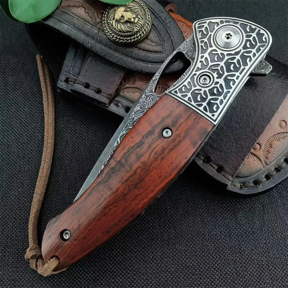 Folding Pocket Knife Damascus Steel Blade Cedarwood Handle with Leather Sheath Outdoor EDC Survival Camping Tool