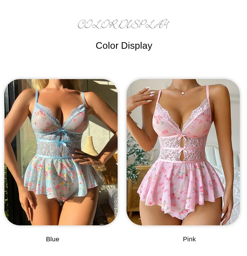 New Printed Backless Perspective Sexy Lingerie Onesie Bow Splicing Lace Sexy Dress  Sexy Costume  Plus Size Lingerie Porno