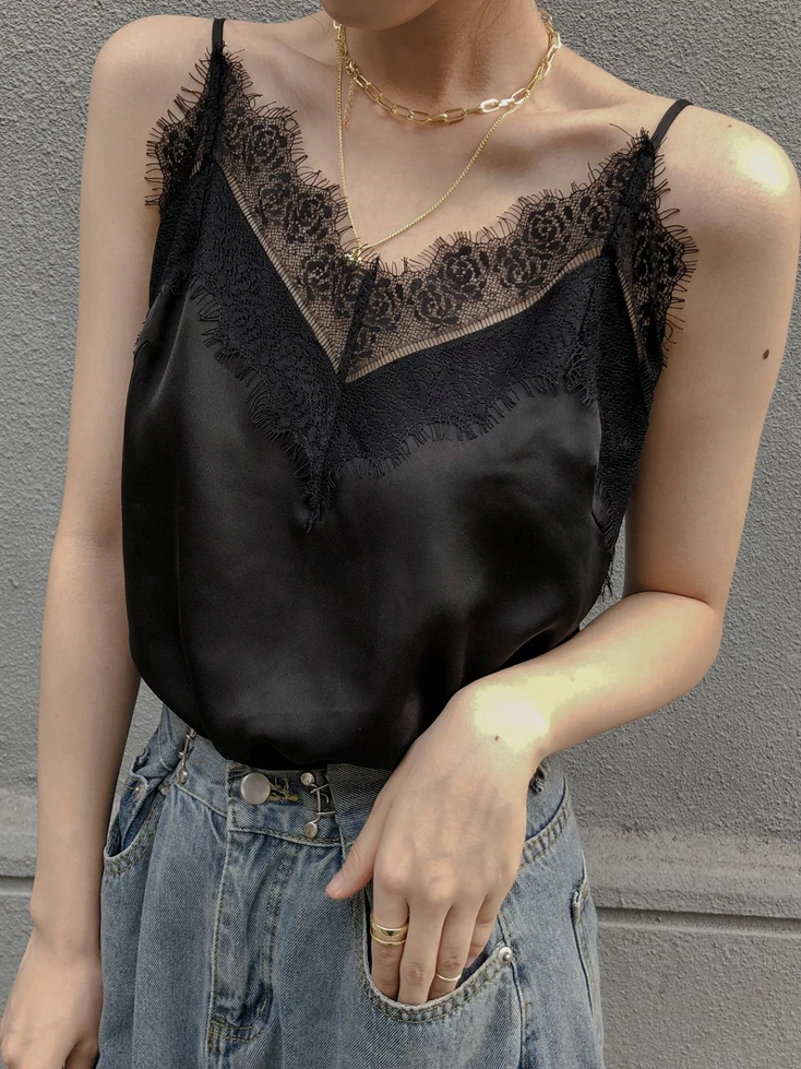 

Lace Trim off oulder Loose Fit Vest Top High End Satin Fabric Svel Suit Inner Wear Versatile Faionable Ladies' Tank...
