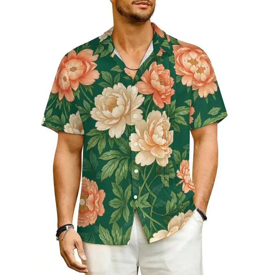 

Vintage Botanical Peony Floral Casual Shirt With Turn-Down Collar Button Placket