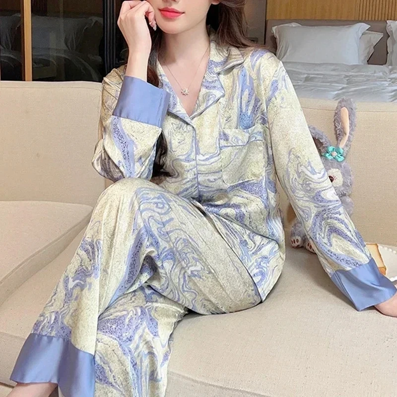 Tulip Printed Pajamas for Women Spring Autumn New Lazy Style Elegant Woman Home Wear Silk Satin Pijamas Female Sleepwear