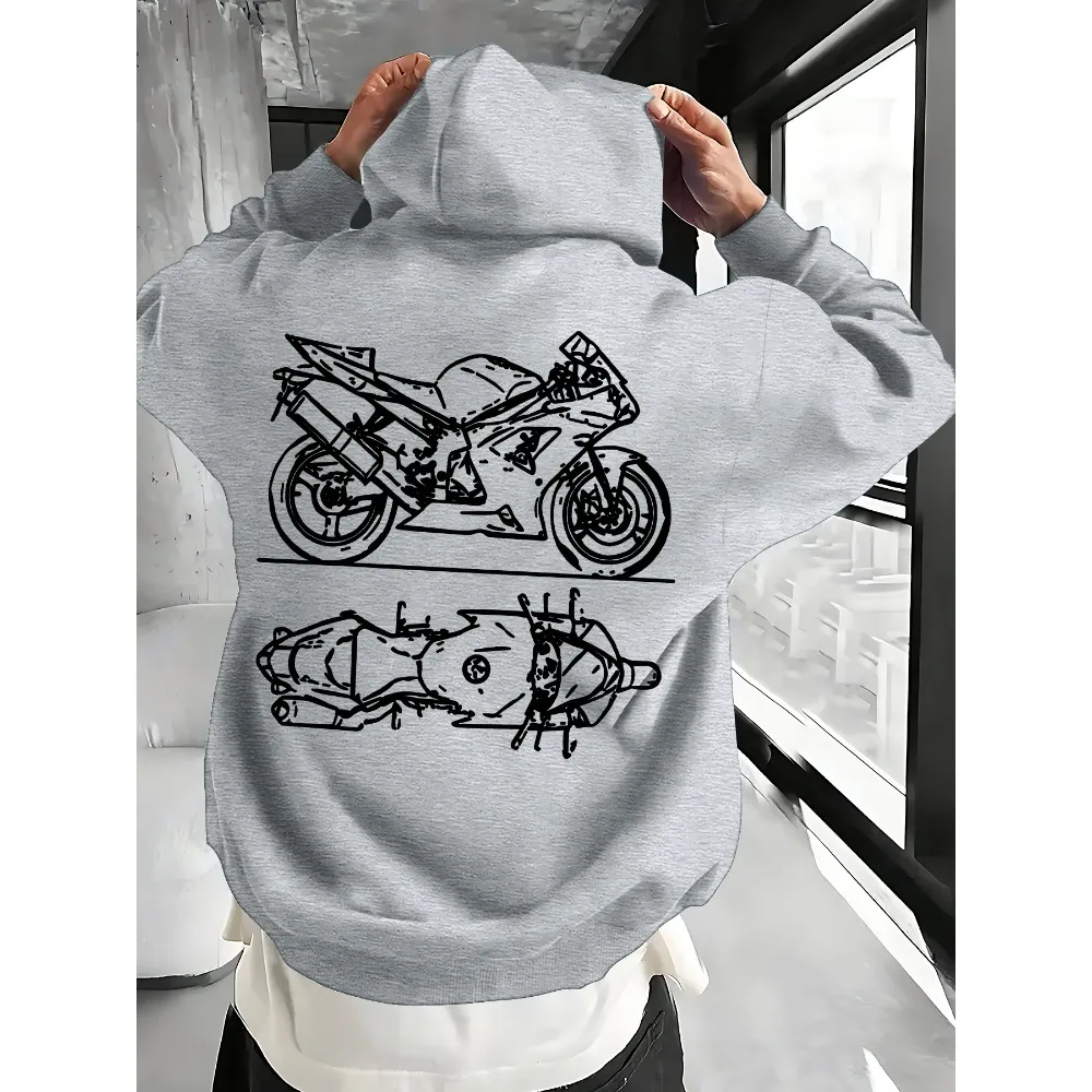 Men Sport Motorcycle Blueprint Graphic Hoodie Racing Motorbike Top Down Side View Back Print Pullover Hooded Sweatshirt Biker
