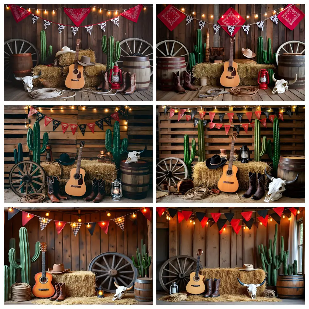 

Western Cowboy Barn Farm Backdrop Wood House Cactus Rustic Haystack Girl Kids Birthday Party Photography Background Photo Studio