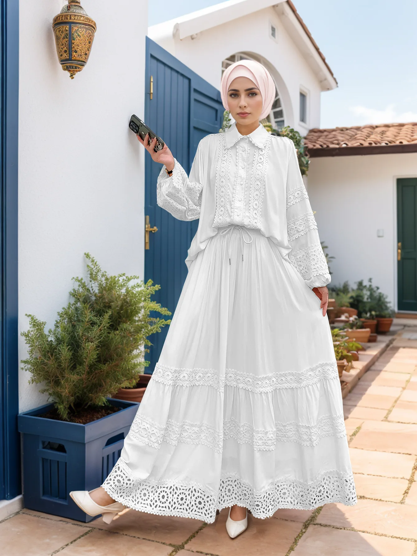 Ramadan Morocco Lslamic Middle East Arab Muslim Women's Hollow Lace Patchwork Bubble Sleeve Top+Large Swing Skirt Two Piece Set