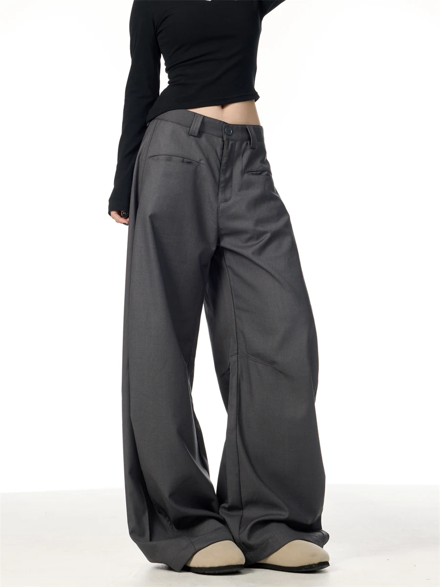 Gray Wide Leg Suit Pants Women's Draped Casual Trousers Hong Kong Style Spring Autumn High Waist Floor Length Straight Leg Pants
