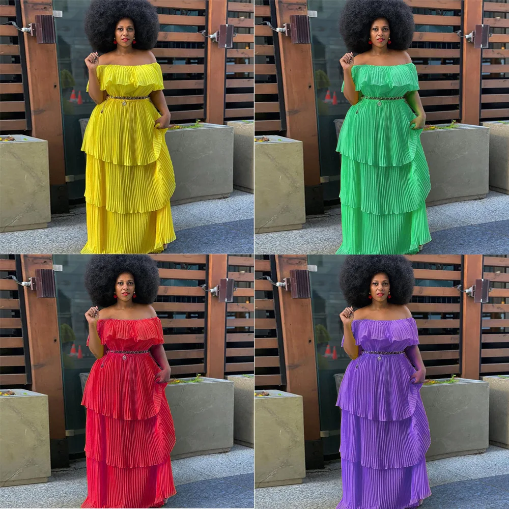 

The Spring and Autumn Annals Europe and America Dress Off Shoulder Backless Beach Pleats Long Skirt Fashion Temperament