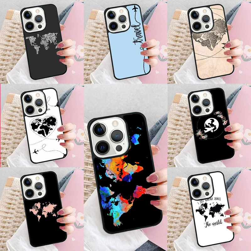 World Map Travel Just Go Phone Case Cover for iPhone 16 Promax 15 Pro 13 14 Plus 11 12 Mini XR XS MAX Coque