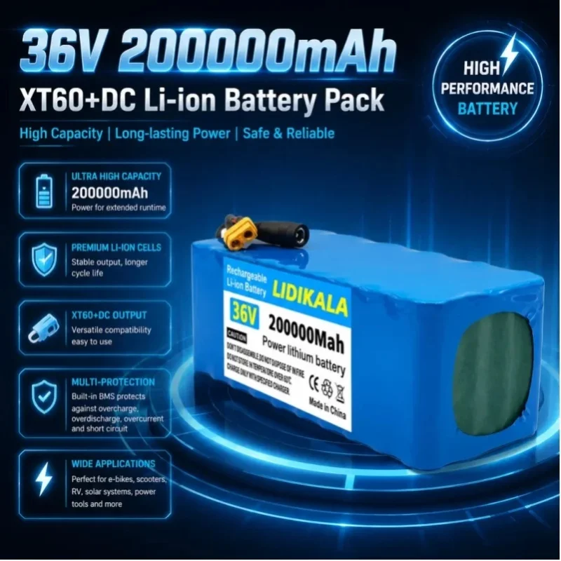 Hochleistungs-10S4P 36V 200000mAh 200Ah 18650 Lithium-Batteriepack mit eingebautem Sicherheits-BMS, wiederaufladbare Ersatzbatterie für Elektro-Kick-Scooter und modifizierte E-Bikes.