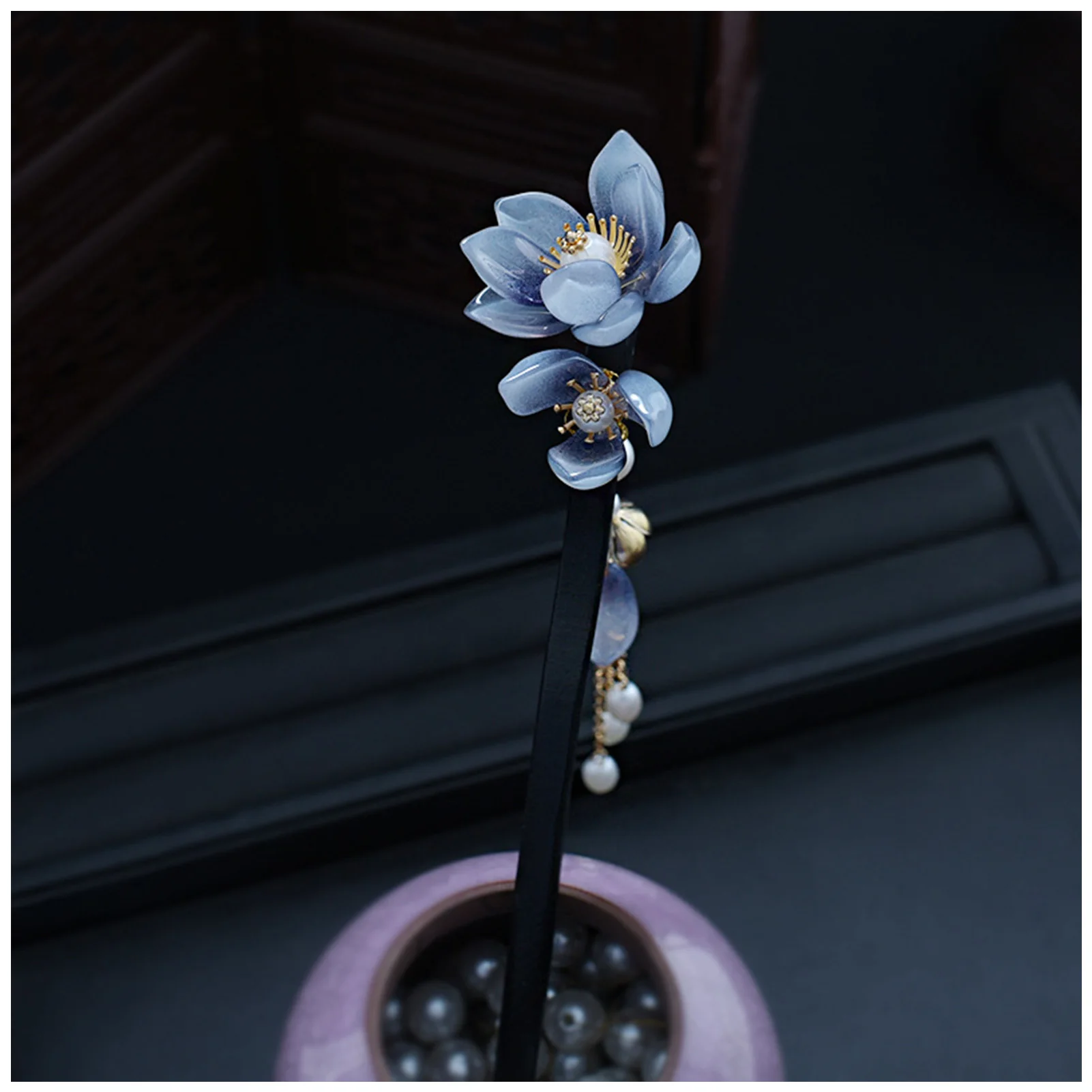 ดอกไม้สีฟ้าผม Vintage Pearl พู่ Hairpin ส้อมสําหรับผู้หญิงจีน Hanfu งานแต่งงานอุปกรณ์เสริมผม Fairy ไม้ Headwear