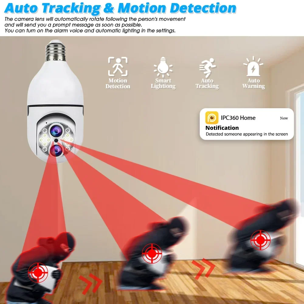 WIFI Surveillance IP Camera Dual lens 4MP 2K Color Night Vision AI Tracking Remote PTZ Control Bulb Smart Home Security Camera