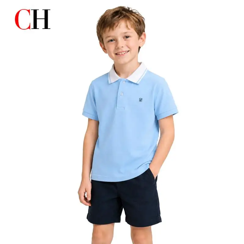 CH Boys Short Sleeve Polo Shirt White Tipping Collar Cuffs Embroidered Logo Pique Fabric Essential School Daily Wear