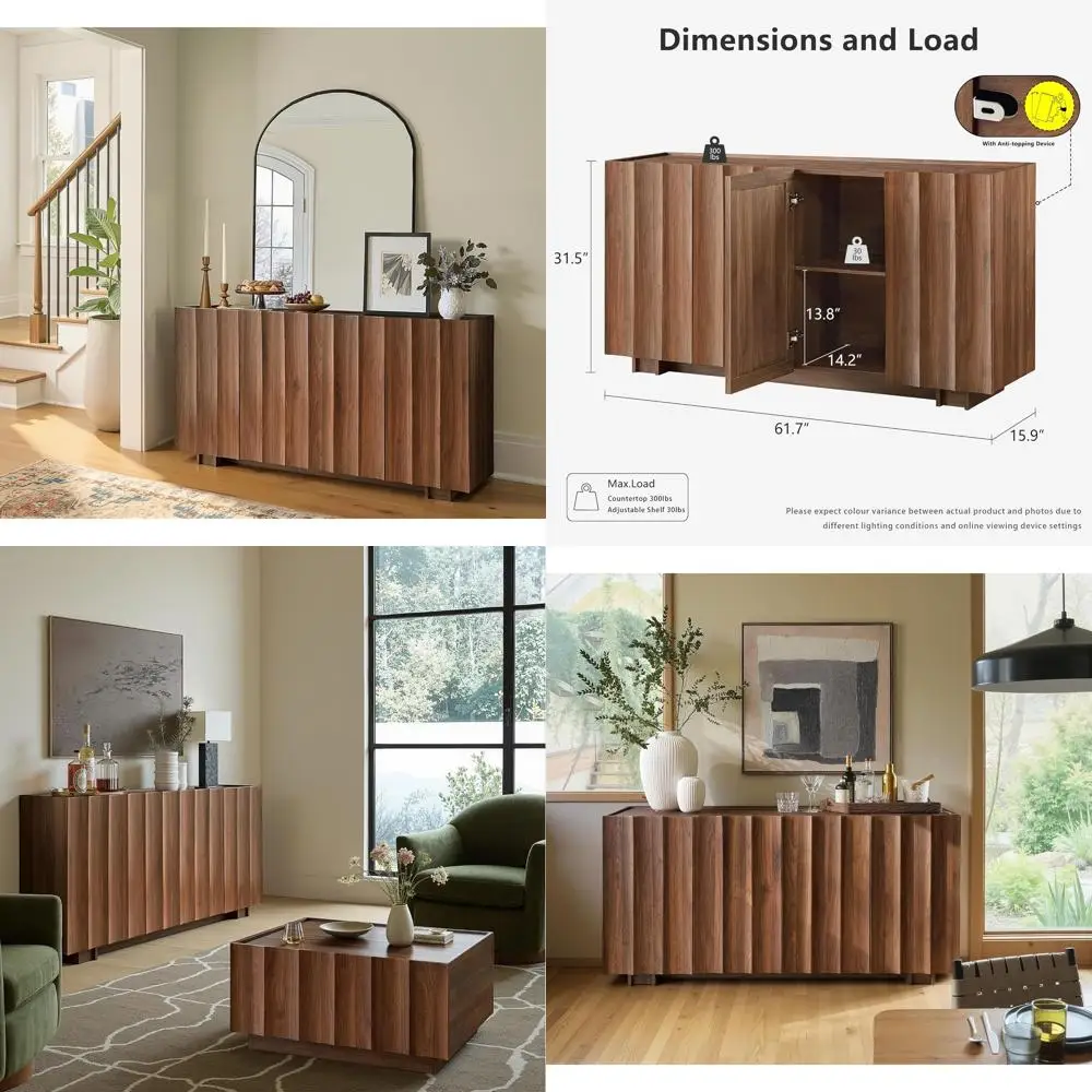 

Modern Wave-Design Sideboard with Wood Grain Finish, Adjustable Shelves for Living, Dining, and Hallway, Walnut