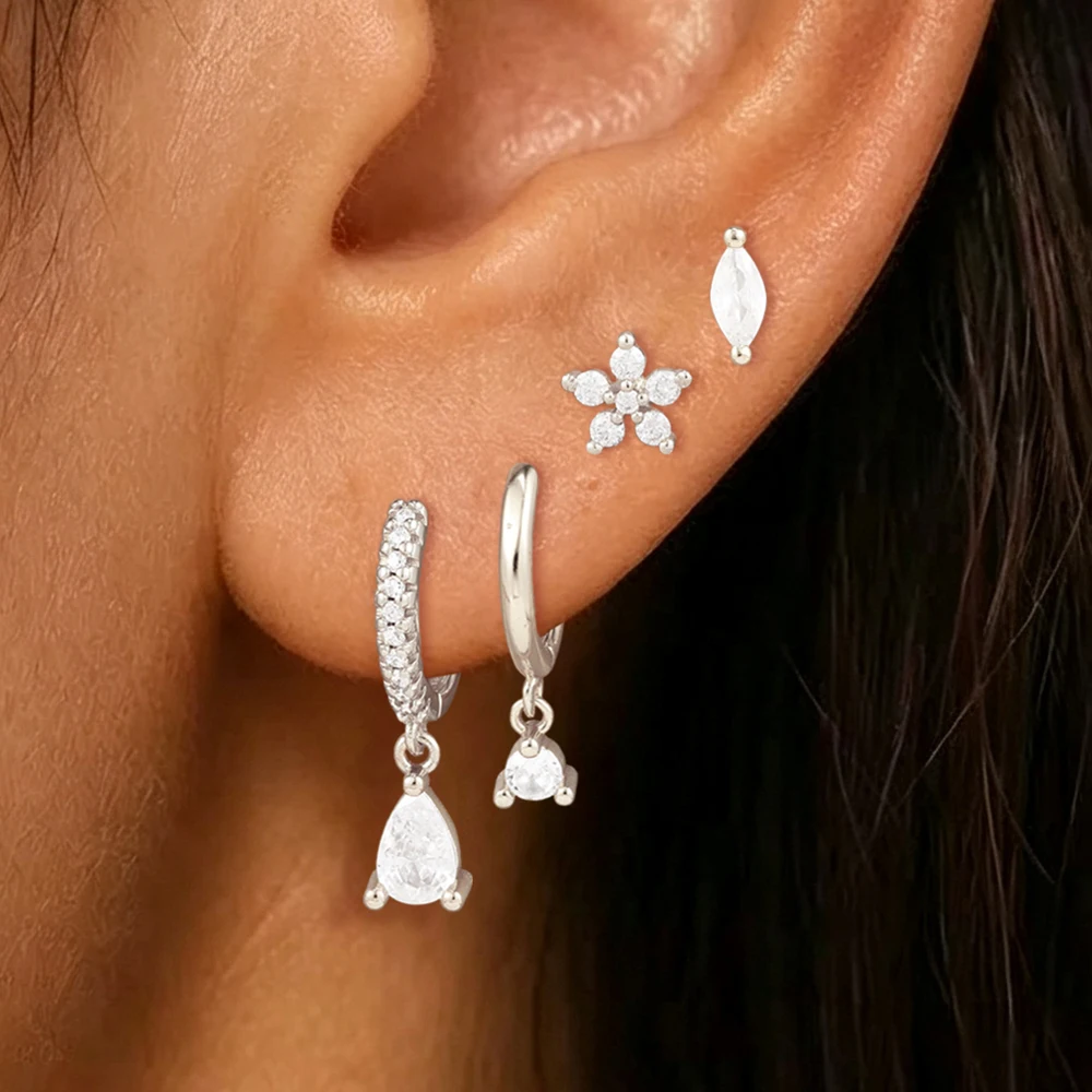 4PCS Exquisite Water Drop Dangle Earrings Set For Women Stainless Steel Zircon Flower Ear Stud Trendy Holiday Dressing Gifts