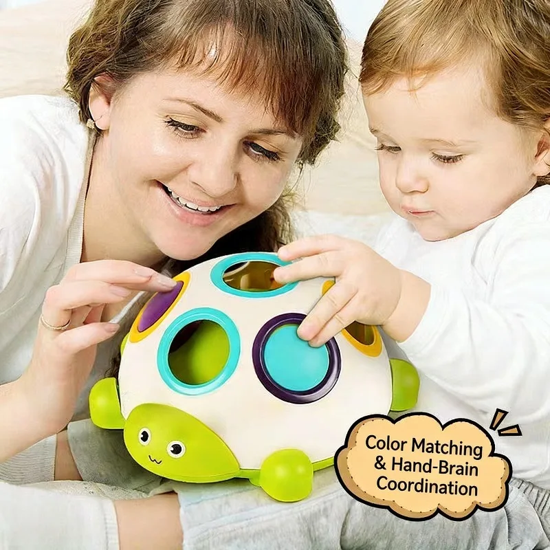 Baby Turtle Pressing Toy Baby Finger Gripp Train with Roller Inertia Sliding Color Cognitive Matching Early Education Puzzle Toy