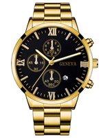 4pcs Gold Alloy Roman with Calendar Men's Quartz Watch and Cross Necklace Bracelet Ring Set Selected Gift, Boxes Not Included 6