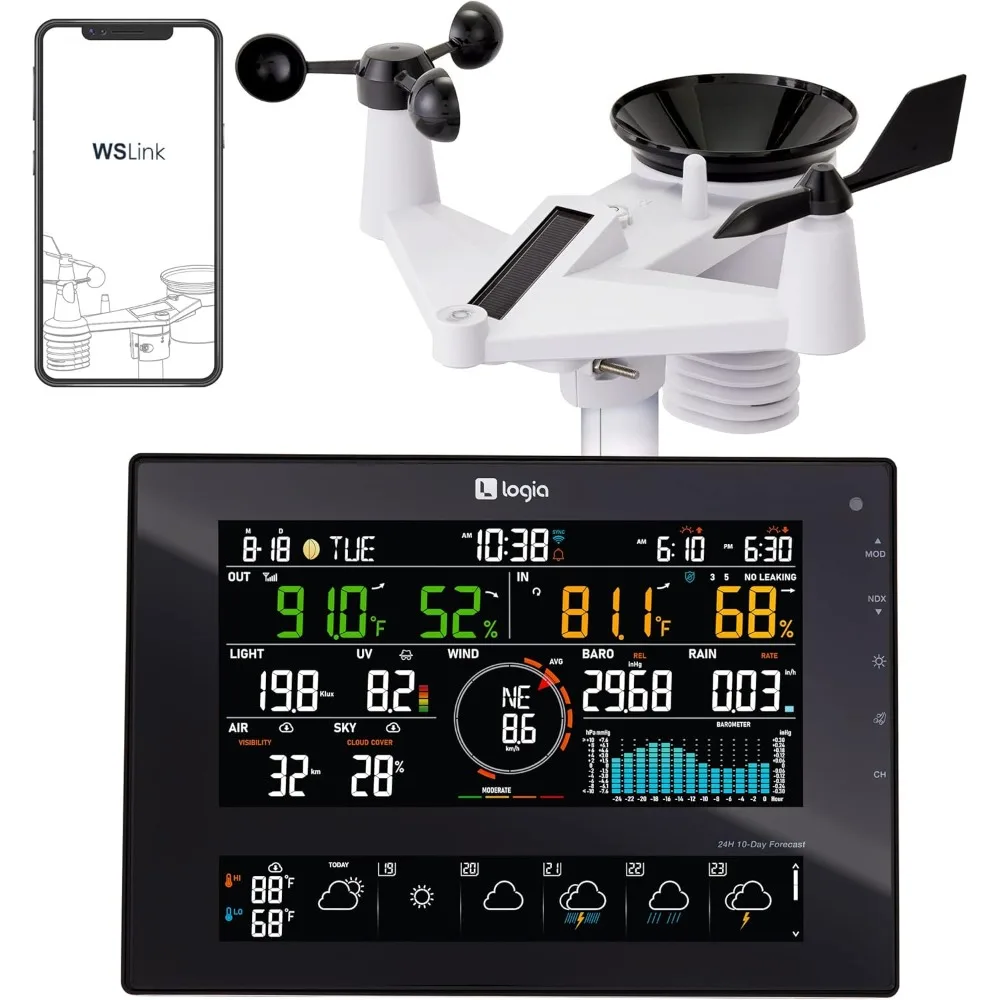 محطة الطقس اللاسلكية 7 في 1 مع توقعات لمدة 10 أيام / 24 ساعة، شاشة ملونة كبيرة مقاس 8 بوصات تعمل بالطاقة الشمسية