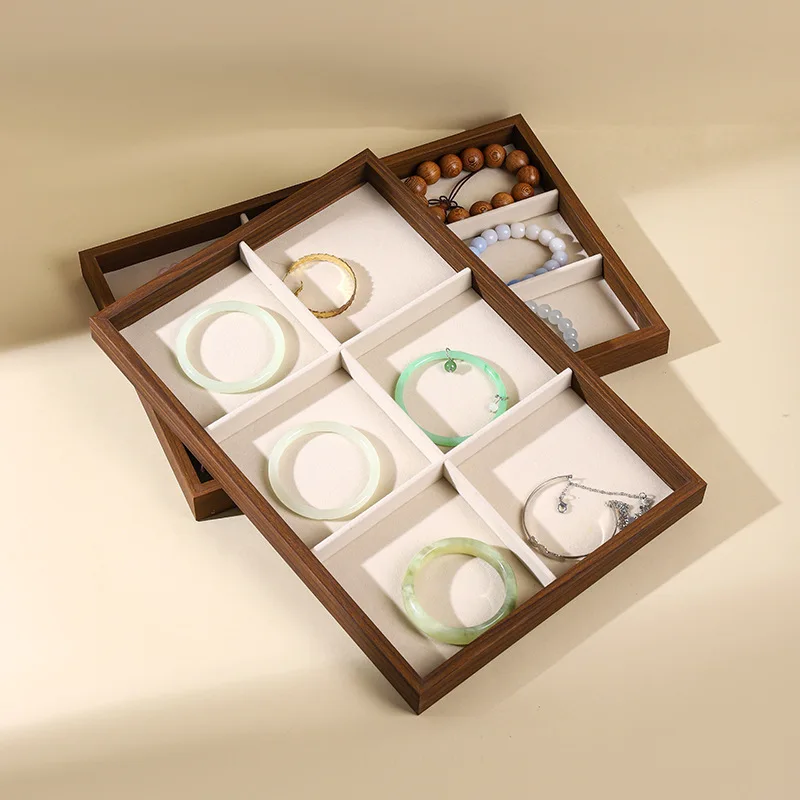 Schmucktablett aus Walnussholz mit Samtfutter, stapelbarer Organizer für Ringe, Halsketten, Armbänder, zur Aufbewahrung und Messe