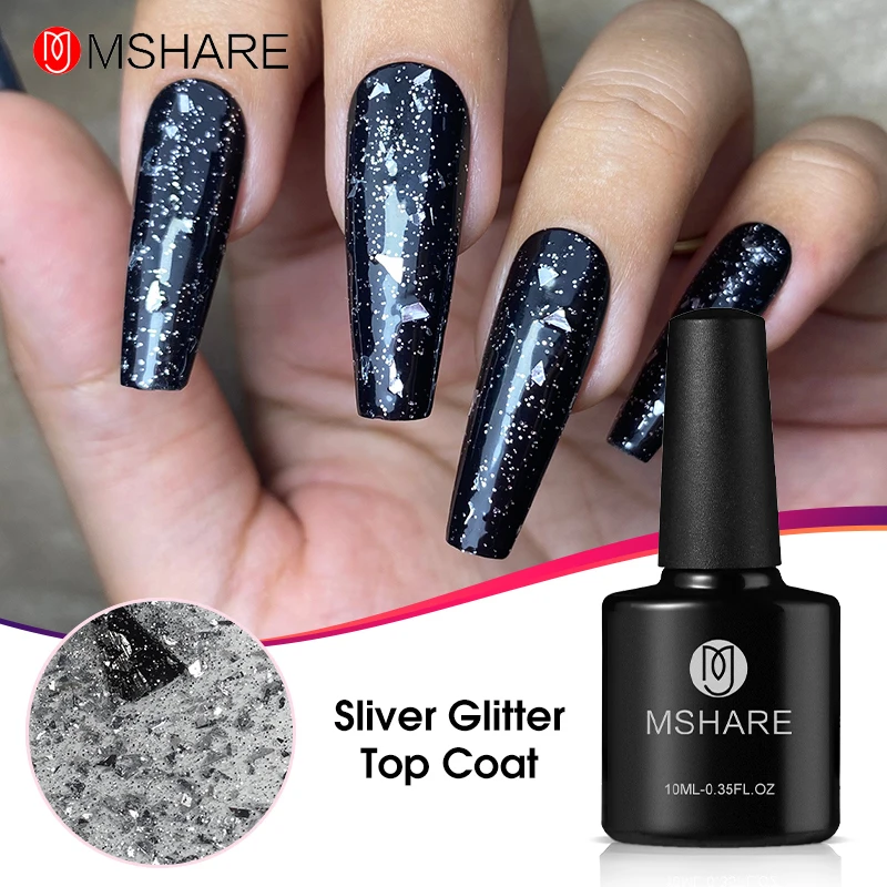 Mshare Gold Glitter Top Coat Flake Semi-Permanente Vernis Base Geen Veeg Glanzend Doorweekt Top Gel Voor Gel Nagellak 10Ml