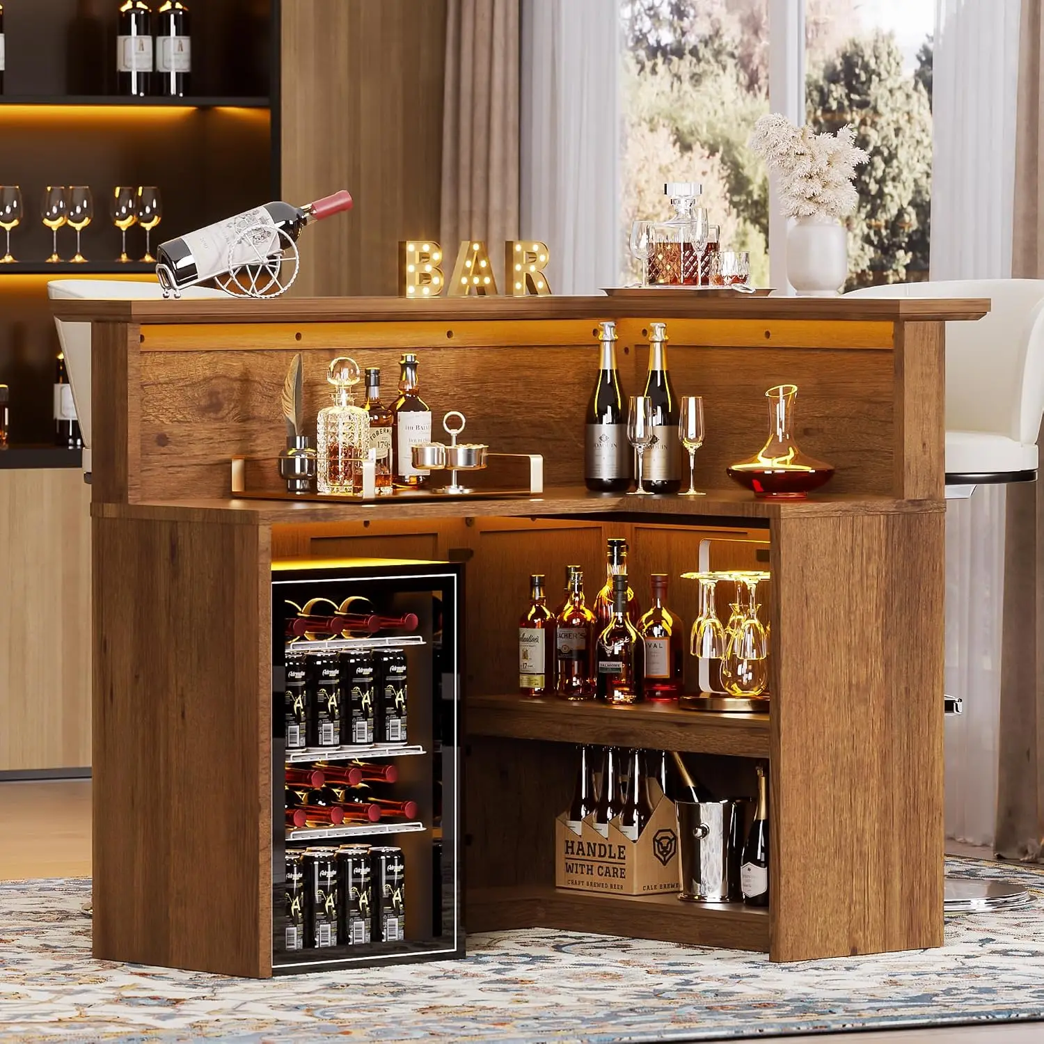 L-Shaped Home Bar Unit 4-Tier Corner Cabinet LED Lights Storage Liquor Display, Customized