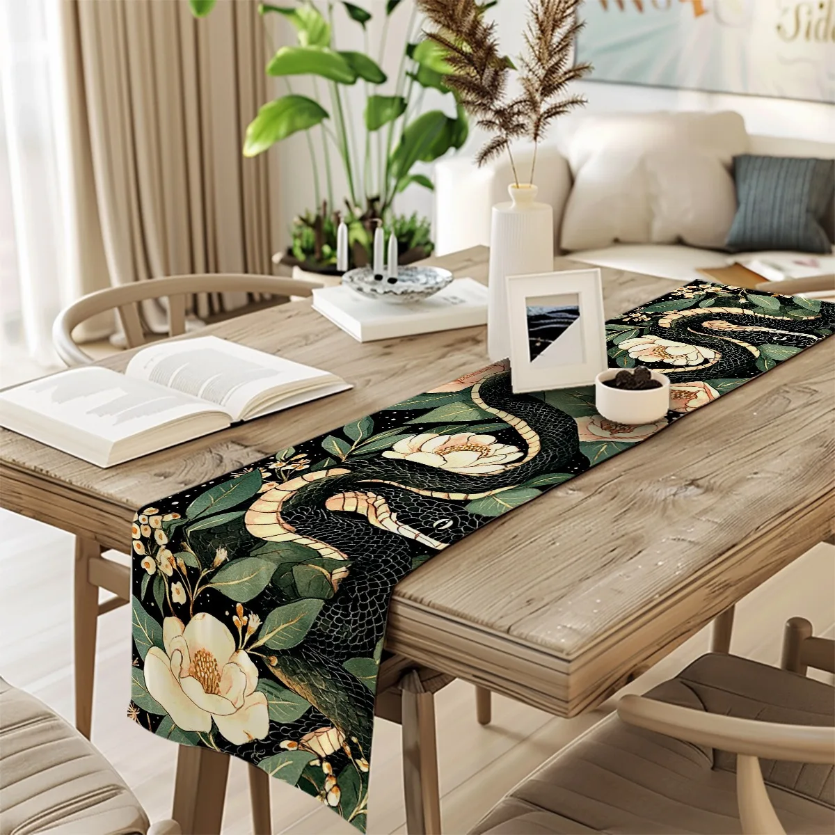print table runner Snake & Floral Pattern Dark Academia Style Tablecloth for Festivities,Weddings,Banquets,Home Decor Gifts Deco