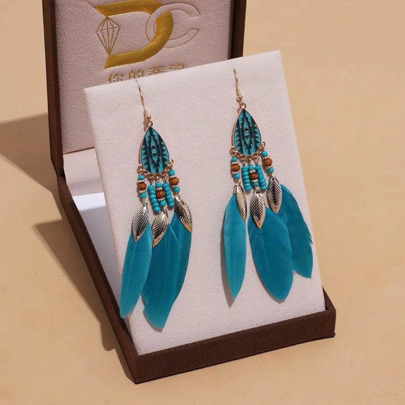 Bohemian Ethnische Lange Feder Ohrringe Boho Wasser Tropfen Gold Farbe Kette Quaste Ohrringe für Frauen Braut Hochzeit Schmuck – Detail 20