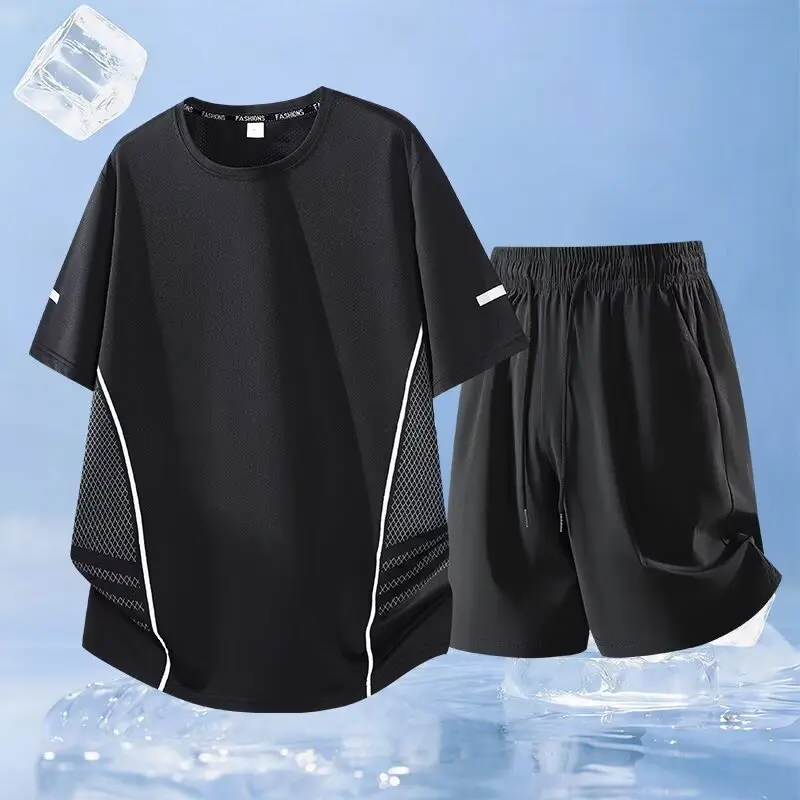 Men's Running Quick Drying T-shirt Shorts Set Breathable Hiking Fishing Tees Outdoor Sports Summer Clothing Soft Elasticity