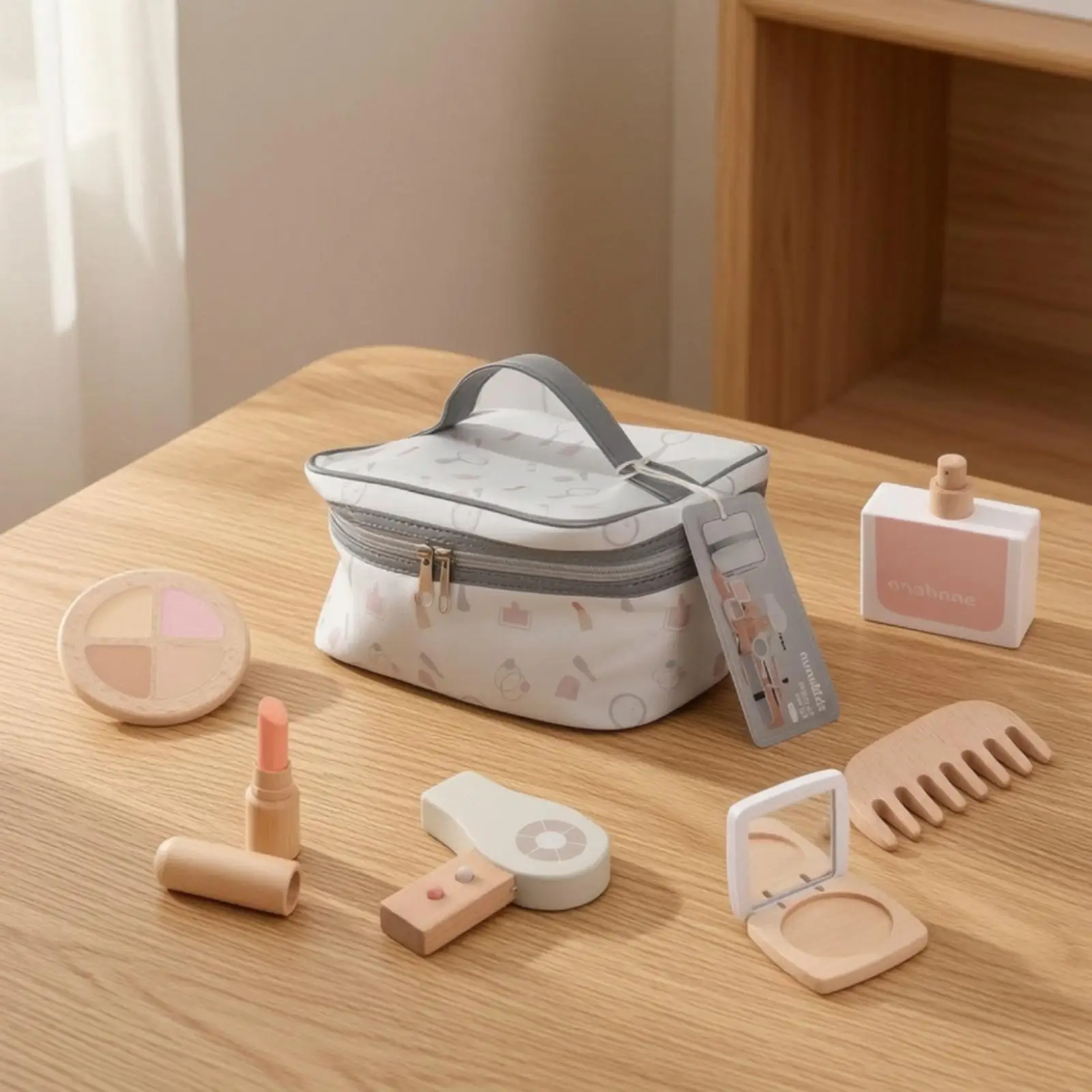 Soft-Sided Wooden Beauty Toy Set | Portable, Toy Beauty Set with Cosmetic Bag, for Role Play