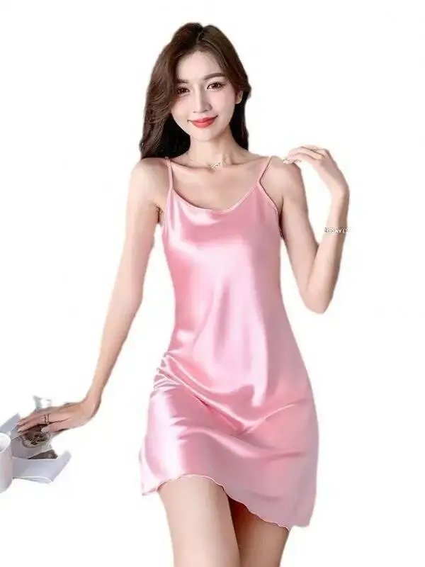 Camisón de verano de Color sólido para mujer, vestido Sexy de seda fina con espalda descubierta y tirantes en V profundo, chaleco sin mangas, pijamas que se pueden afuera NQSH
