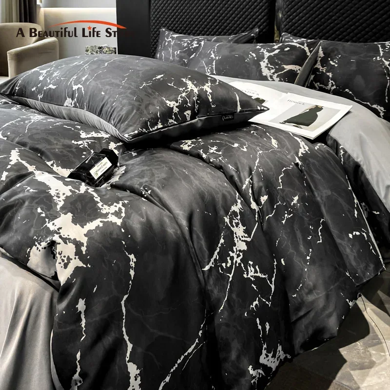 Black Grey Marble Cool Feeling Ice Silk Summer Cooling Duvet Cover Set With Pillowcases Nordic Luxury Comforter Cover Set 3pcs