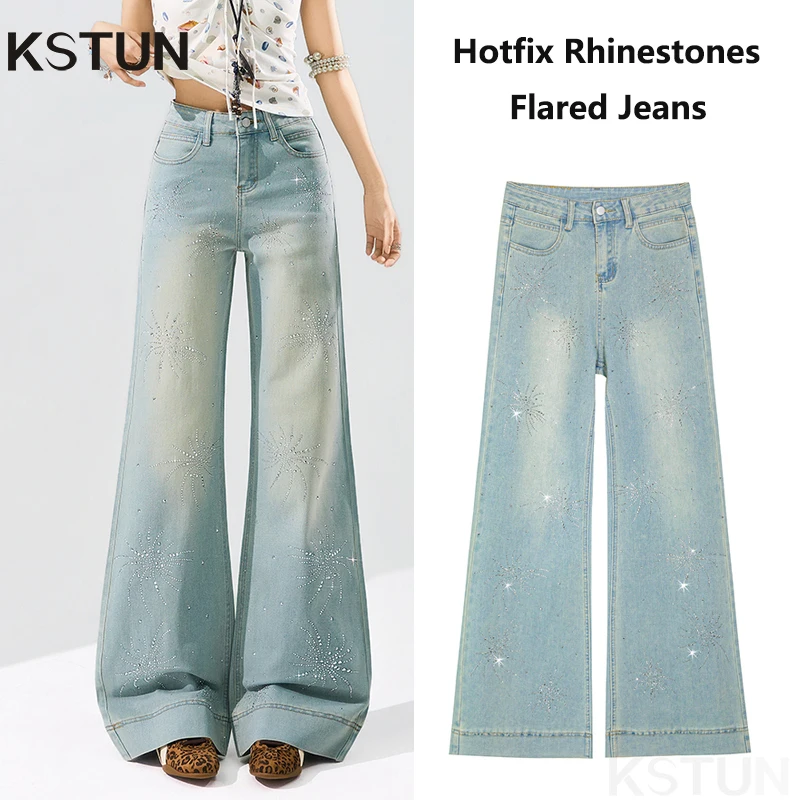 

KSTUN High Waisted Women's Flared Jeans Stretch Bootcut Jeans Denim Pants Light Blue Vintage Hotfix Rhinestones Sparkler Pattern