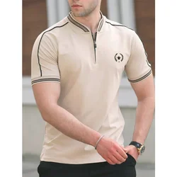 4 Colors ! 2023 Summer Men's New T-shirt Stand Neck Zipper Decoration Half Open Neck T-shirts High Quality Casual Short Sleeve T