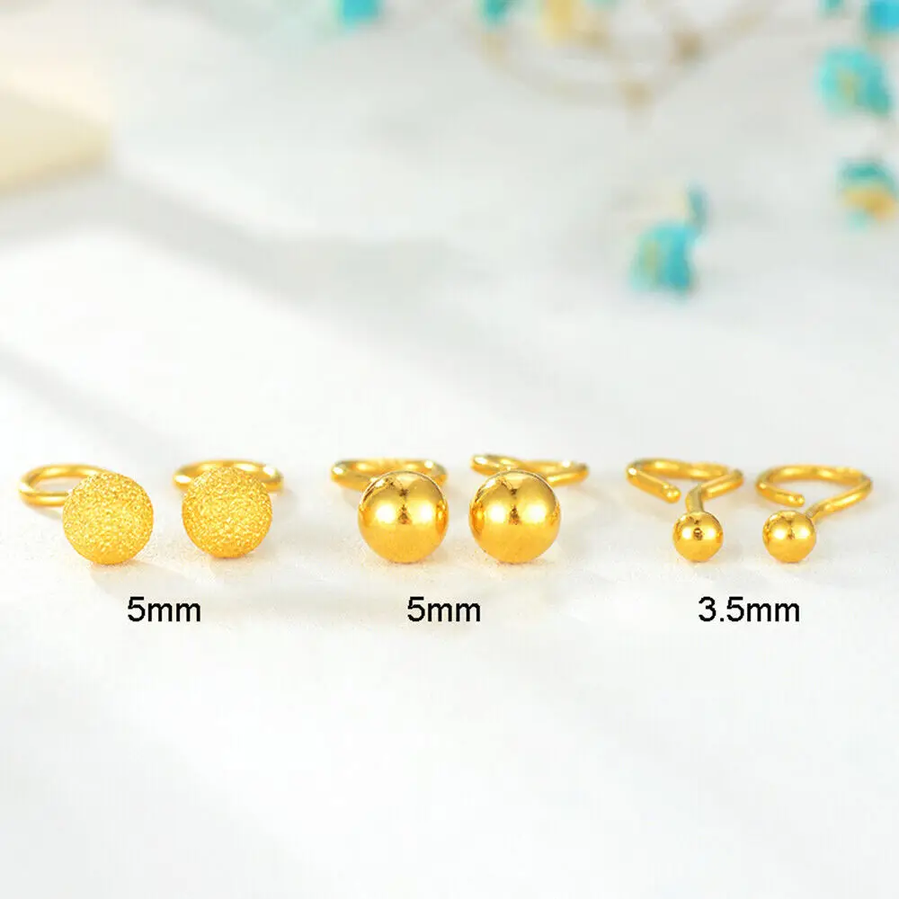 Pure 24K Yellow Gold Earrings Stud For Women 5mm/4mm/3.5mm Ball Earrings