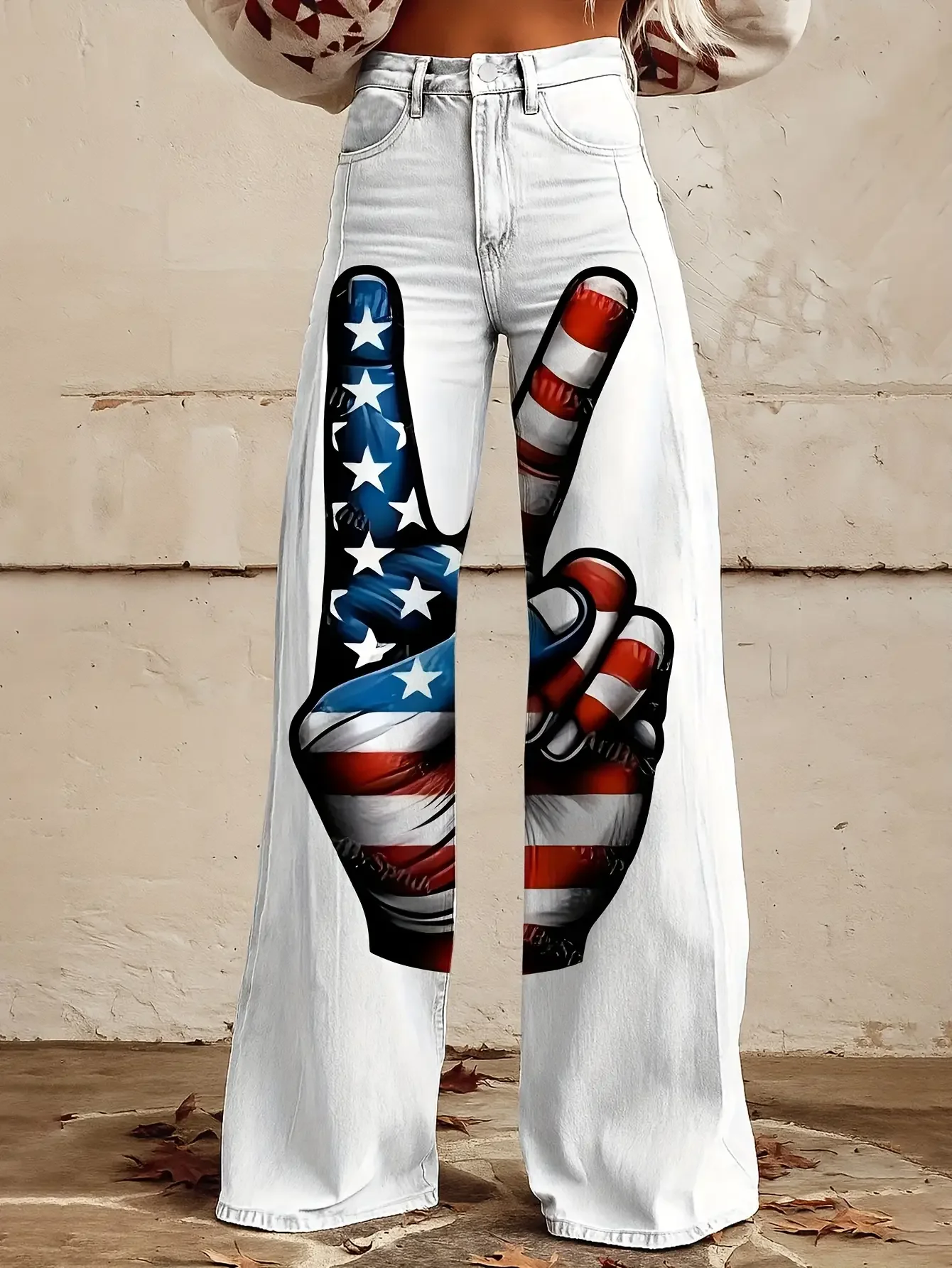 

2026Women's slim fit wide leg flared pants, Ladies' retro 3D printed high waisted elastic jeans, interesting patterns