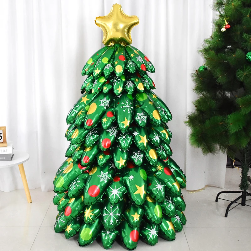 1set Christmas Tree Splicing Aluminum Film Inflatable Decorative Prop With Snowflakes Stars Colorful Dots Xmas Party Home Decor