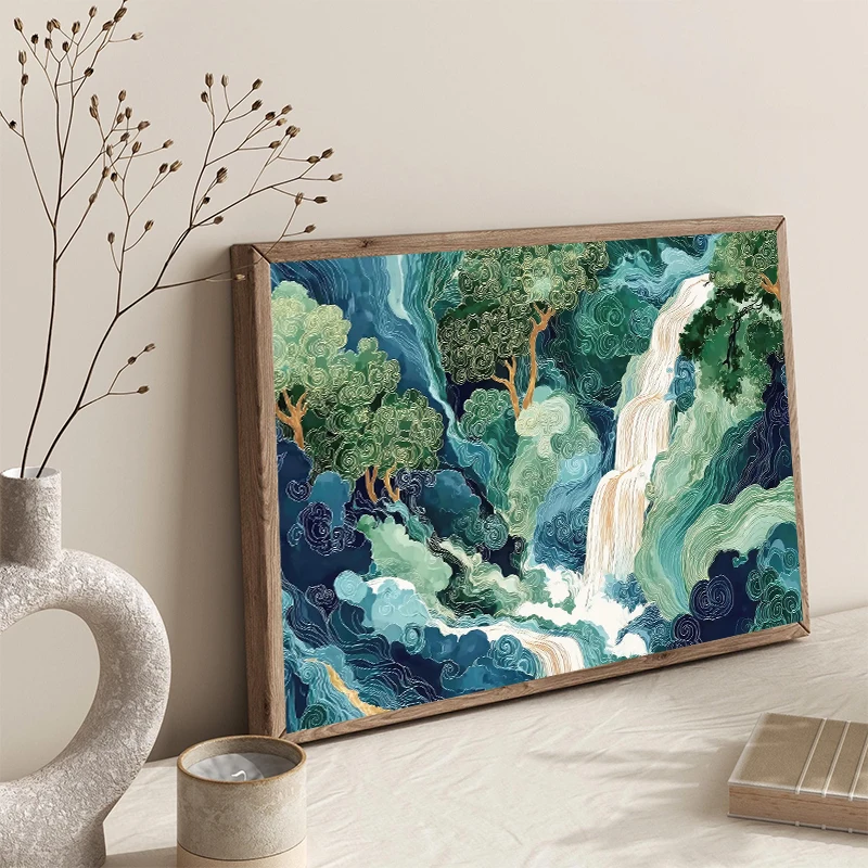 日本の青緑の滝山森林北斎絵画キャンバスプリントポスターリビン - Home Decor Vietnam のレビューと価格