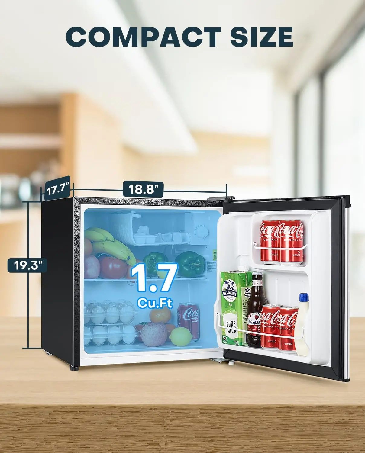 ثلاجة صغيرة 1.7 قدم مكعب مع فريزر، أساسيات النوم، ترموستات قابل للتعديل، توفير الطاقة، ضوضاء منخفضة، ثلاجة مدمجة بباب واحد