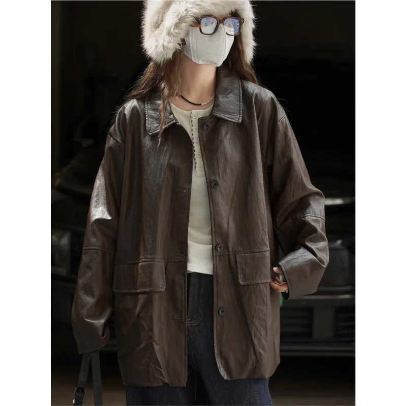 

Johnature Korean-style Trendy PU Leather Jacket Loose Coat New Winter Casual Versatile Lapel Coat For Women