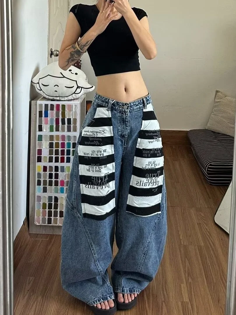 American High Street Washed Loose Wide Leg Jeans Men's Style Knife  Stripe Splicing Denim Pants Couple Match Summer Wear