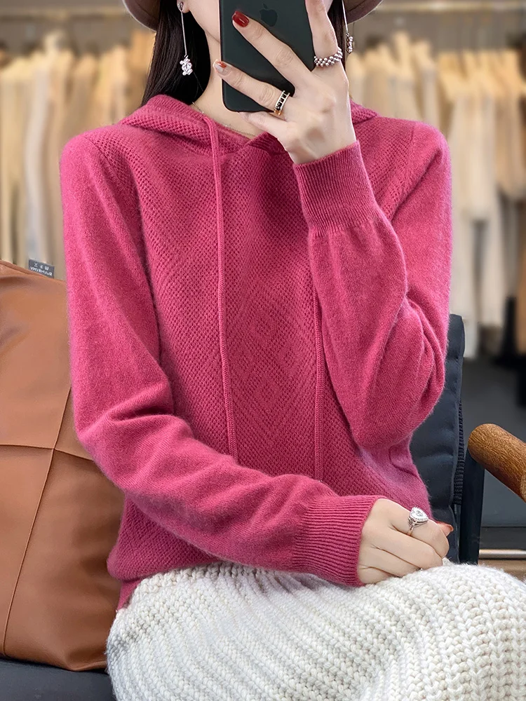 Winter Bloom Merino Wool Hooded Pullover Ladies Solid Basic Knit Sweater Soft Warm Long Sleeve Top for Winter Daily Outfit 4