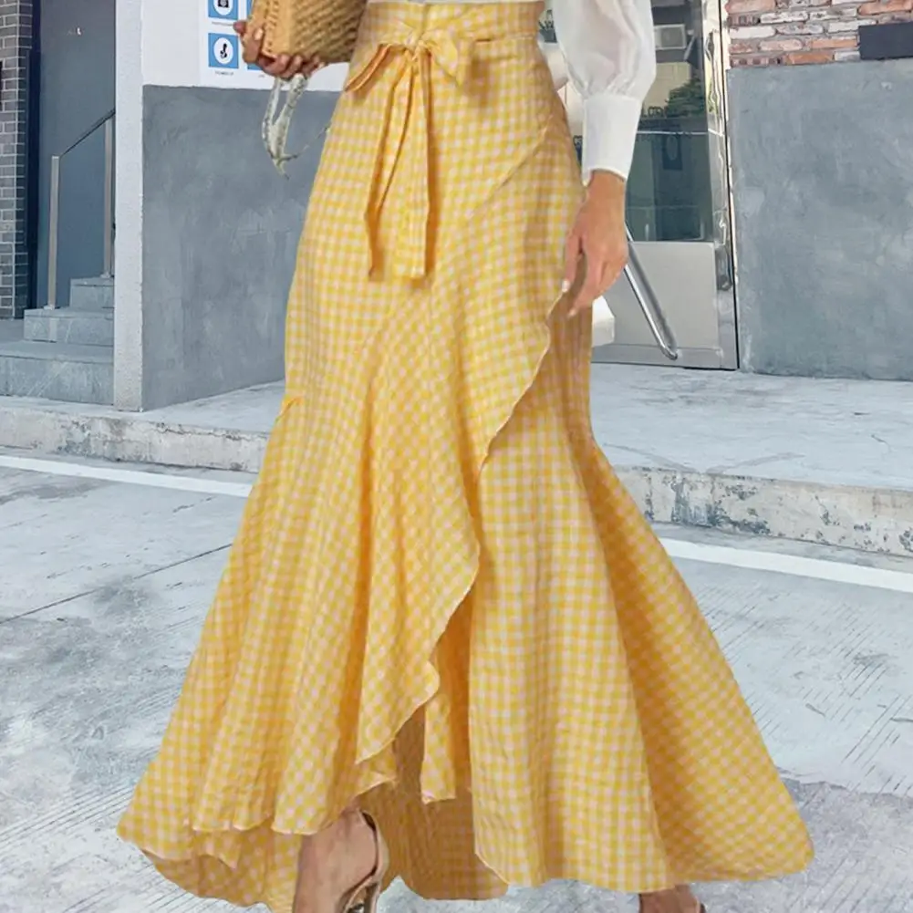 

Women Long Ruffled Skirt Elegant Plaid Print Maxi Skirt with High Waist Lace-up Ruffle Trim Bow Tie Detail Women's Irregular Hem