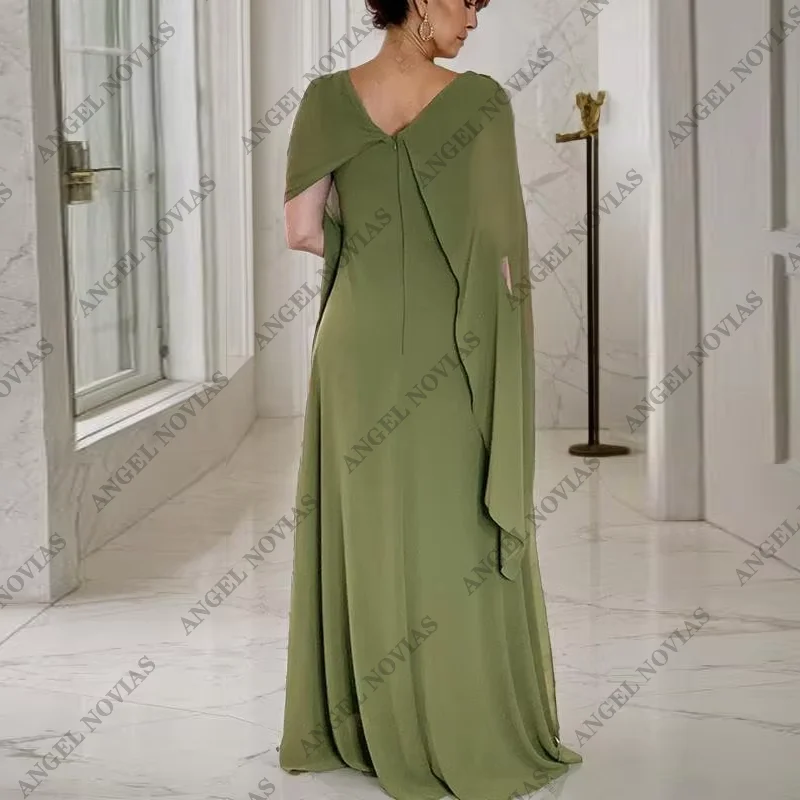 Aangepaste groene vloerlengte cape ruches chiffon formele avondjurk moeder van de bruid jurken plooi avondjurk