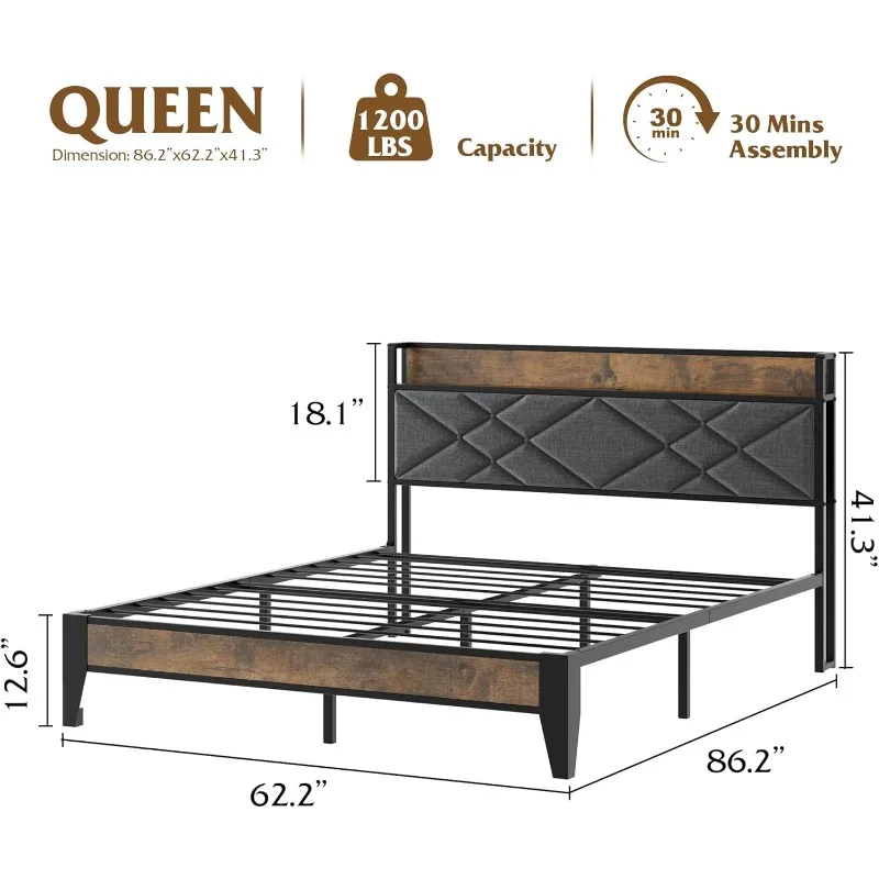 Queen Size Bed Frame with Storage Headboard, Platform Bed with Charging Station, Solid Metal Bed Frame, No Box Spring Needed