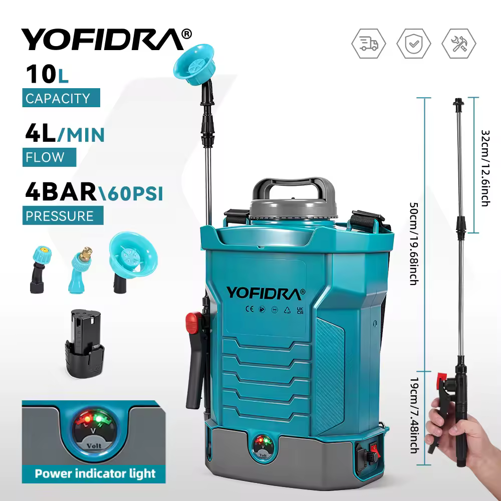 מרסס חשמלי YOFIDRA 10 ליטר, מרסס גב להשקיה של מדשאות וגנים, מרסס מים בלחץ גבוה, כלי עבודה חשמלי